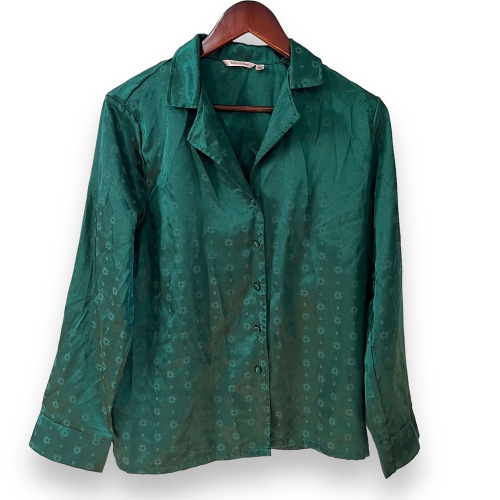 La Vie En Rose Green Satin Pajama Top and Bottom Matching Set